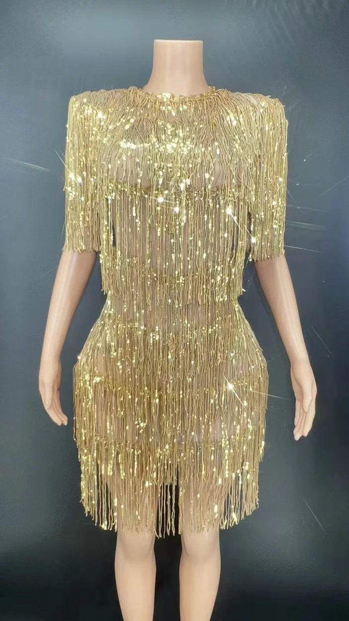 ผู้หญิงปาร์ตี้ไนท์คลับชุดวันเกิดประสิทธิภาพแสดงเวทีสวมใส่เซ็กซี่ Shining Gold Fringe ชุดเต้นรําละตินพู่ชุด