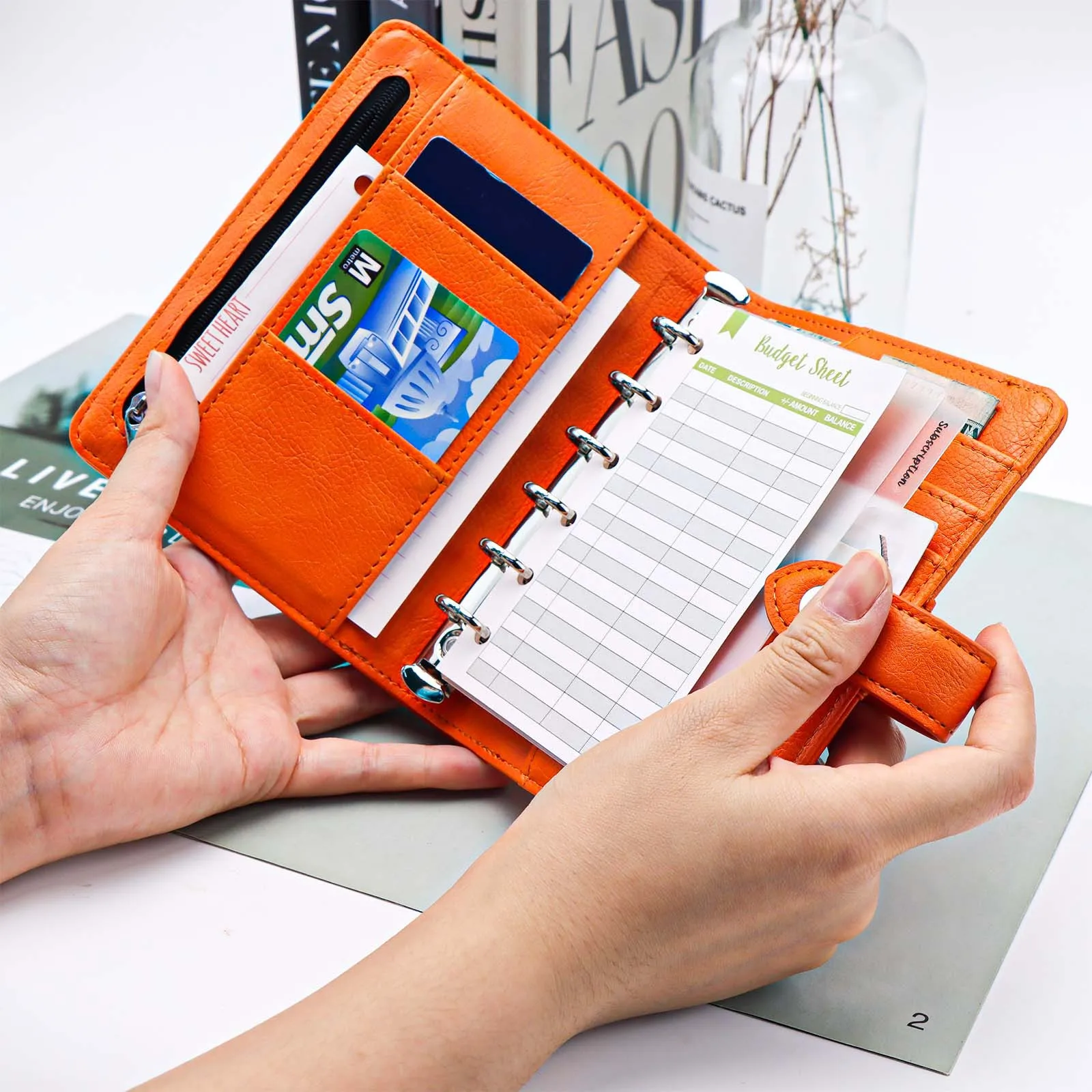 A7 Orange Wallet Leather Binder 6 Ring Binder With 45 Sheets PU Clip-on Notebook Faux leather Loose Leaf Notebook