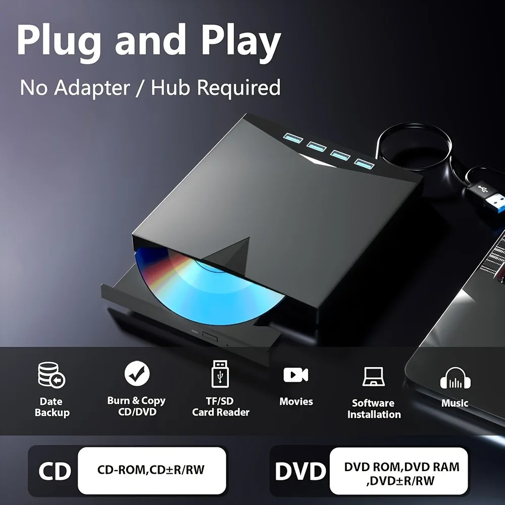 Внешний CD-DVD-привод 7-в-1 с 4 портами USB A и слотами для карт TF/SD для ноутбуков MacBook, настольных ПК, Windows 11/10/8/7 Linux Mac
