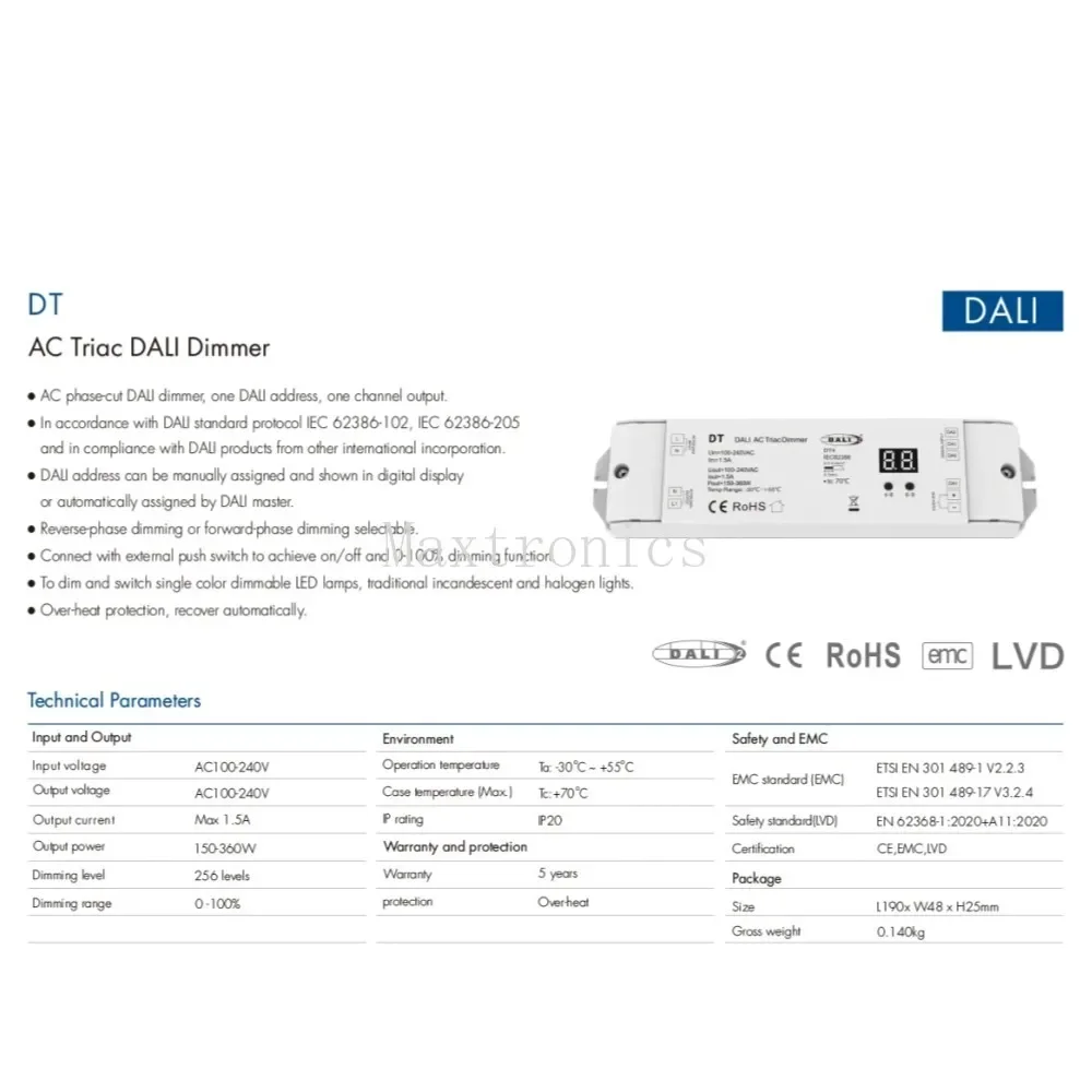 DT/DT-B/DT-C/DT-D AC100-240V DALI AC Triac Dimmer Series 1CH*1.5A for Single Color Dimmable LED Light Incandescent Lamps Switch