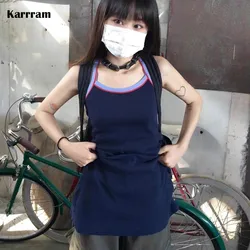 Karrram Korean Fashion Ribbed Dress Vintage High Street Knitted Dress Japanese Harajuku Patchwork Short Dress Y2k Streetwear