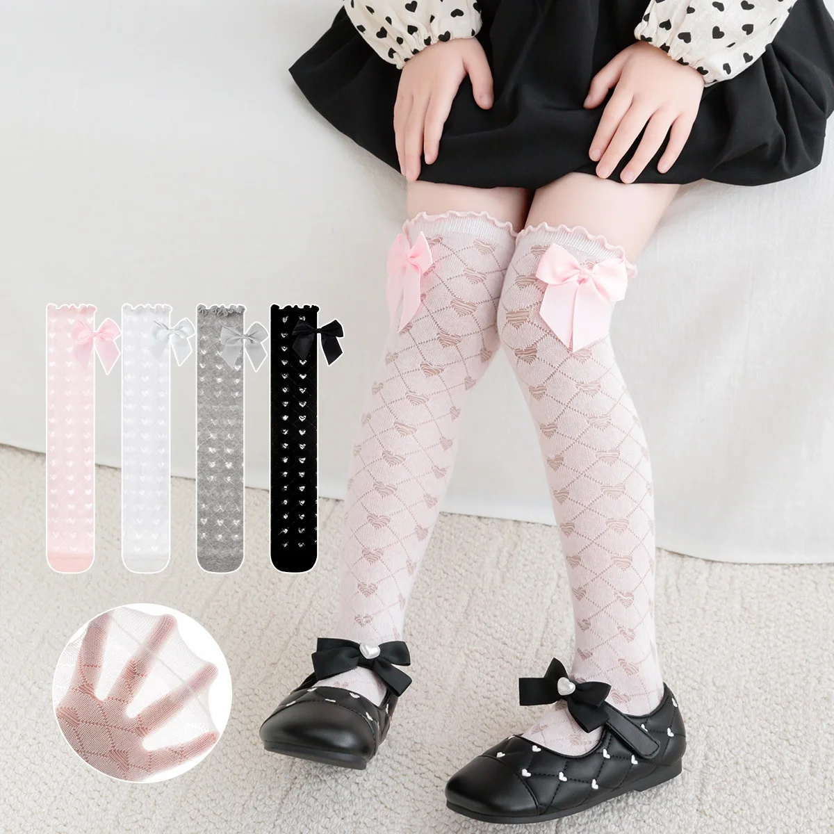 

3-8 Years Kids Girls' Calf Socks Summer New Cotton Bow Princess Stockings For Children Sweet Hollow Out Overknee Long Girl Socks