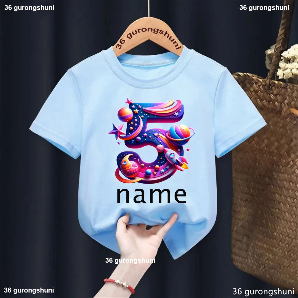 

Kawaii Kids Clothes Custom Name 5th Birthday Gift Printed T Shirt Girls/Boys Astronaut Spacecraft Planet Tshirt Solid T-Shirt