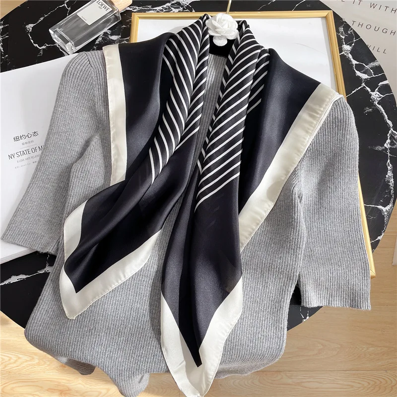 Fashion Striped Bandana Kerchief Silk Satin Hair Scarf For Women Shawls 70*70cm Square Neckerchief Scarves Fashion For Ladies