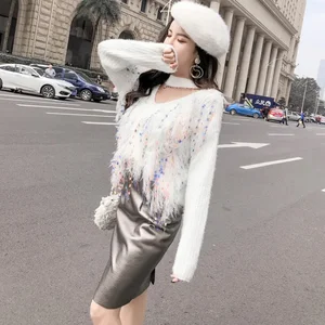 korean sweet women tassels pnk sweaters female  hollow out V neck tassels knitted pullovers woman fringe pink sweater dis5