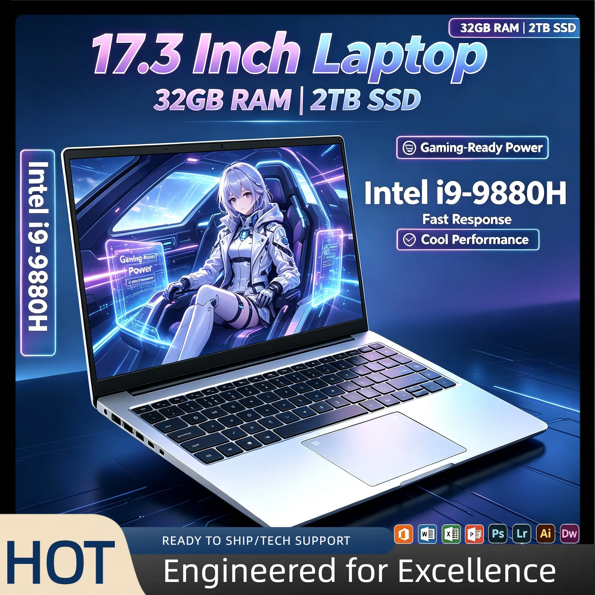 Intel i9 9880H 17.3 Inch Full Size Notebook 32GB RAM 2TB SSD Fingerprint Unlock High Performance Work Gaming Pro Core