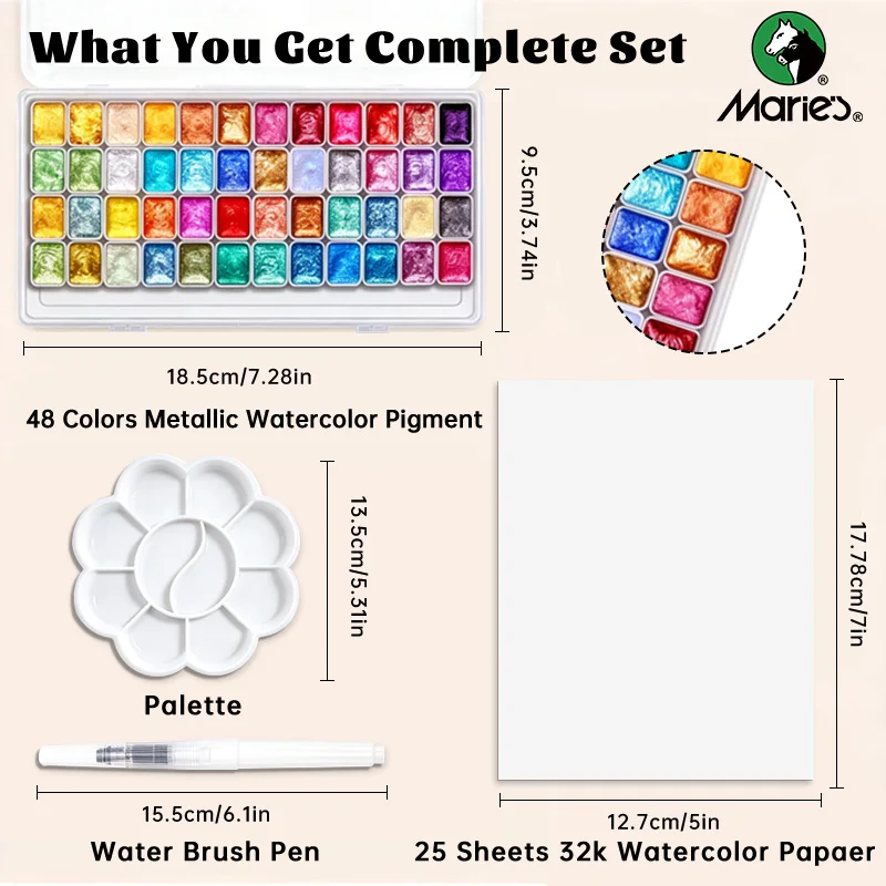 78pcs Marie's Metallic Watercolor Set,48 Colors Pearlescent Paint with Water Brush,Palette,Papers for Mixing,Highlighting
