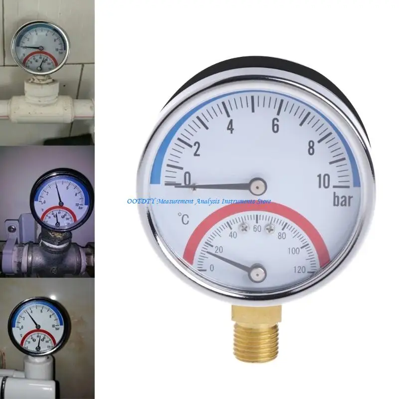 367D 0-10 Bar Pressure Gauge 0-120℃ Temperature Gauge Meter with 4 Thread Presssure Gauge with Metal for Shell Lower Mount