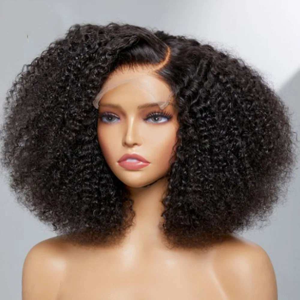 Perruque Bob Lace Front Wig crépue bouclée sans colle 14 pouces, perruque courte noire naturelle, densité 180%, cheveux de bébé, pre-plucked, pour femmes