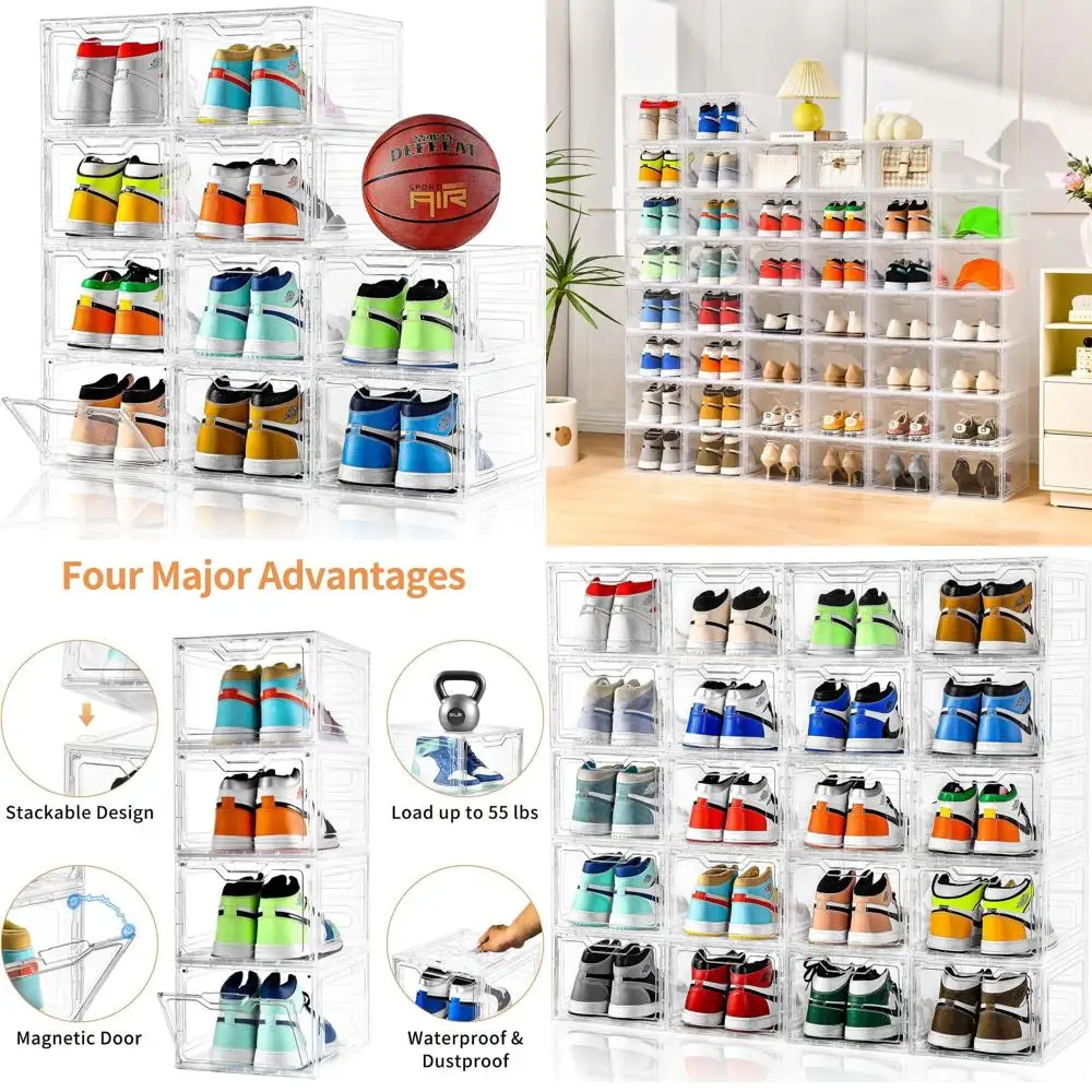 

Штабелируемые прозрачные пластиковые коробки для обуви с крышками, большие органайзеры для хранения обуви для демонстрации кроссовок и шкафа, подходят для американского размера 13.