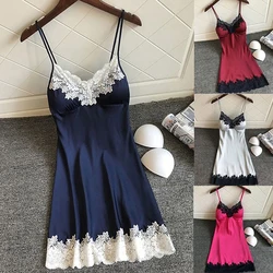 Women's Lingerie Summer Sexy  Silk Night Gown Lace Patchwork Mini Night Dress Spaghetti Strap NO Chest Pad Sleepwear For Ladies