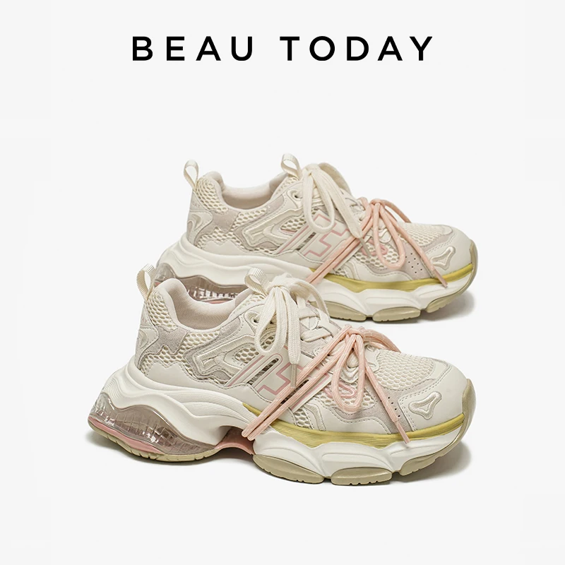 BEAUTODAY Chunky Sneakers Women Genuine Leather Mesh Patchwork Round Toe Lace-Up Thick Sole Ladies Breathable Shoes 29A80