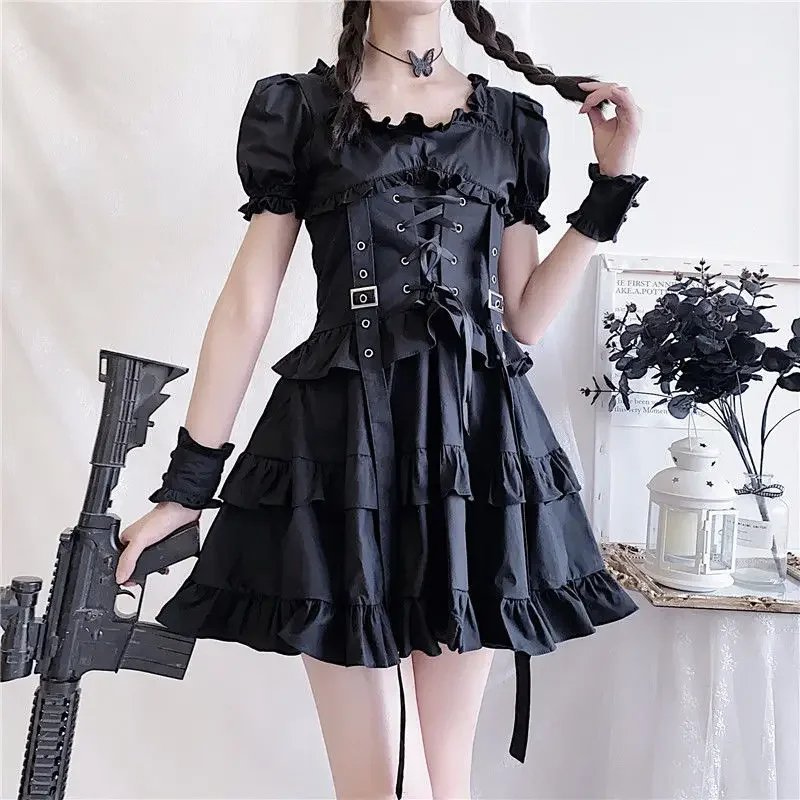 Gothic Lolita *Assassination Loli* Dress Gothic Retro High Waist Cake Dress Lolita Girdle Diablo Ruffle Bandage Black Mini Dress