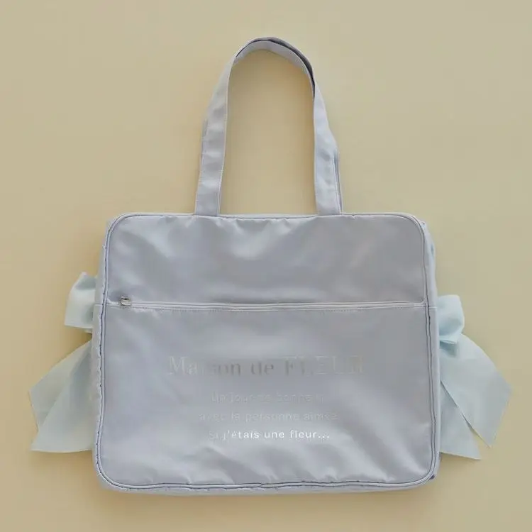 Japanese Bags Women 2025 New Silver Letter Cute Double Bow Satin Travel Bag Large Capacity Tote Bag Can Be Used As A Suitcase