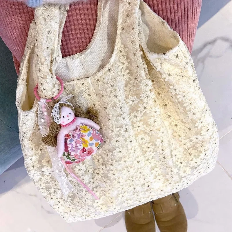 

2026 Daisy Lace Canvas Bag Chiffon Embroidered Casual Large Capacity Student Bag Korean Style Floral Shoulder Bag