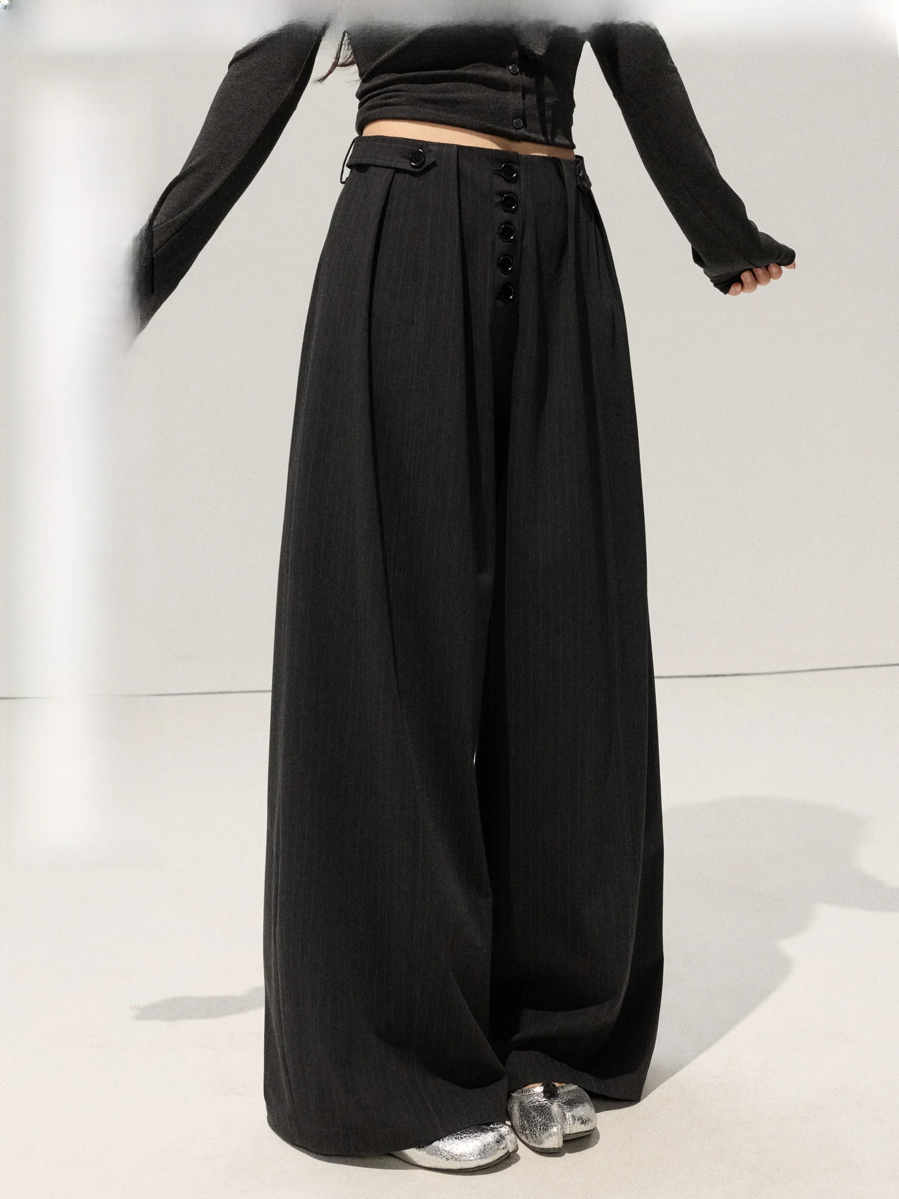 

JULULOOK Studio plus Size Casual Pants Loose Wide Leg Trousers Button Decor High Waist Cotton Comfortable All Seasons