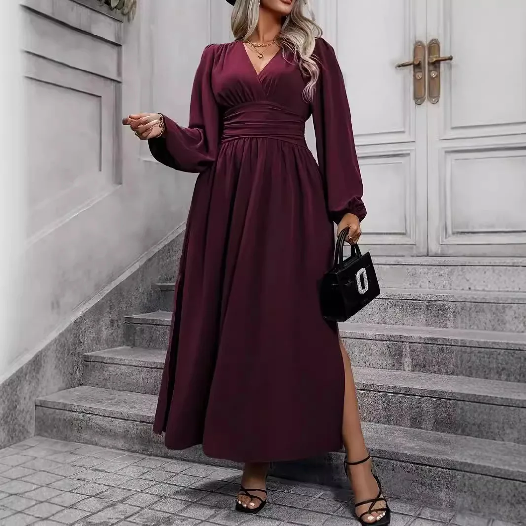 

Plus Size Women's Elegant Long Dress V Neck High Waist Oversized Clothing for Office Lady Women Dress Long Sleeve Spring Autumn