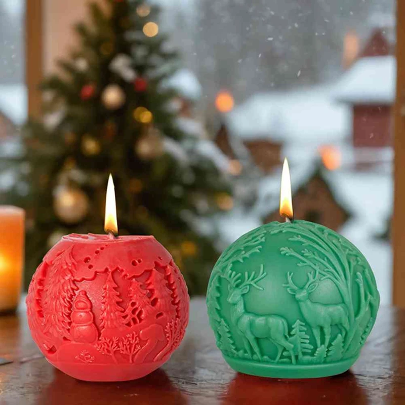 4PCS Christmas Day Snow Scene Ball Candle Molds Silicone Mould For Relief Sphere Plaster Making Handmade Soap