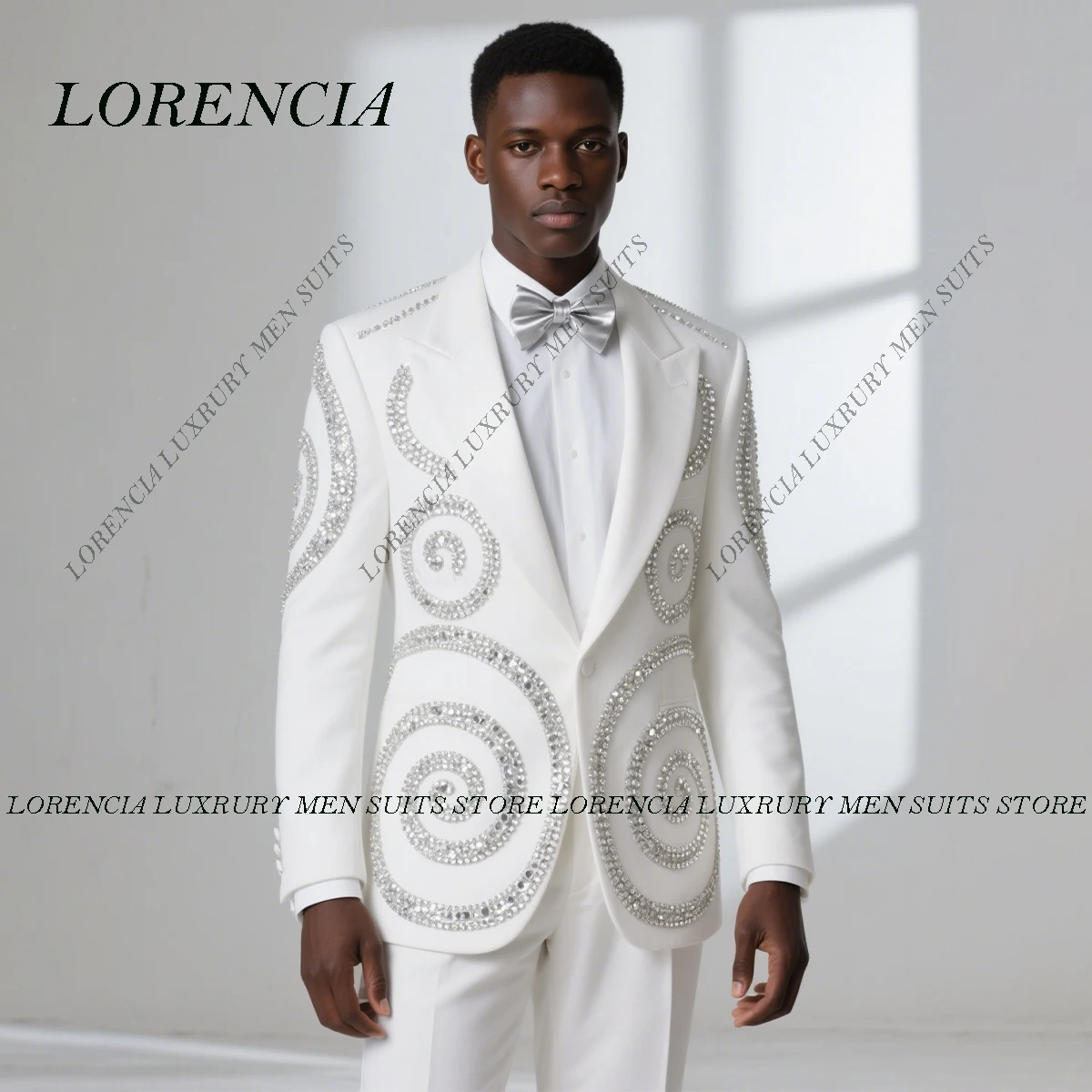 

Customized High End Diamond Rhinestones 2 Pieces Sets Men Suits Peaked Lapel Groom Tuxedos Party Prom Blazers Slim Ropa Hombre
