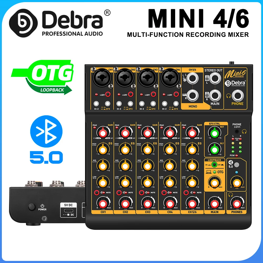 

Микшерный пульт Debra Mini 4/6-канальный, аудиомикшер для диджеев с Bluetooth 5.0, OTG, реверберацией, звуковой картой 48В для записи на ПК, веб-трансляций