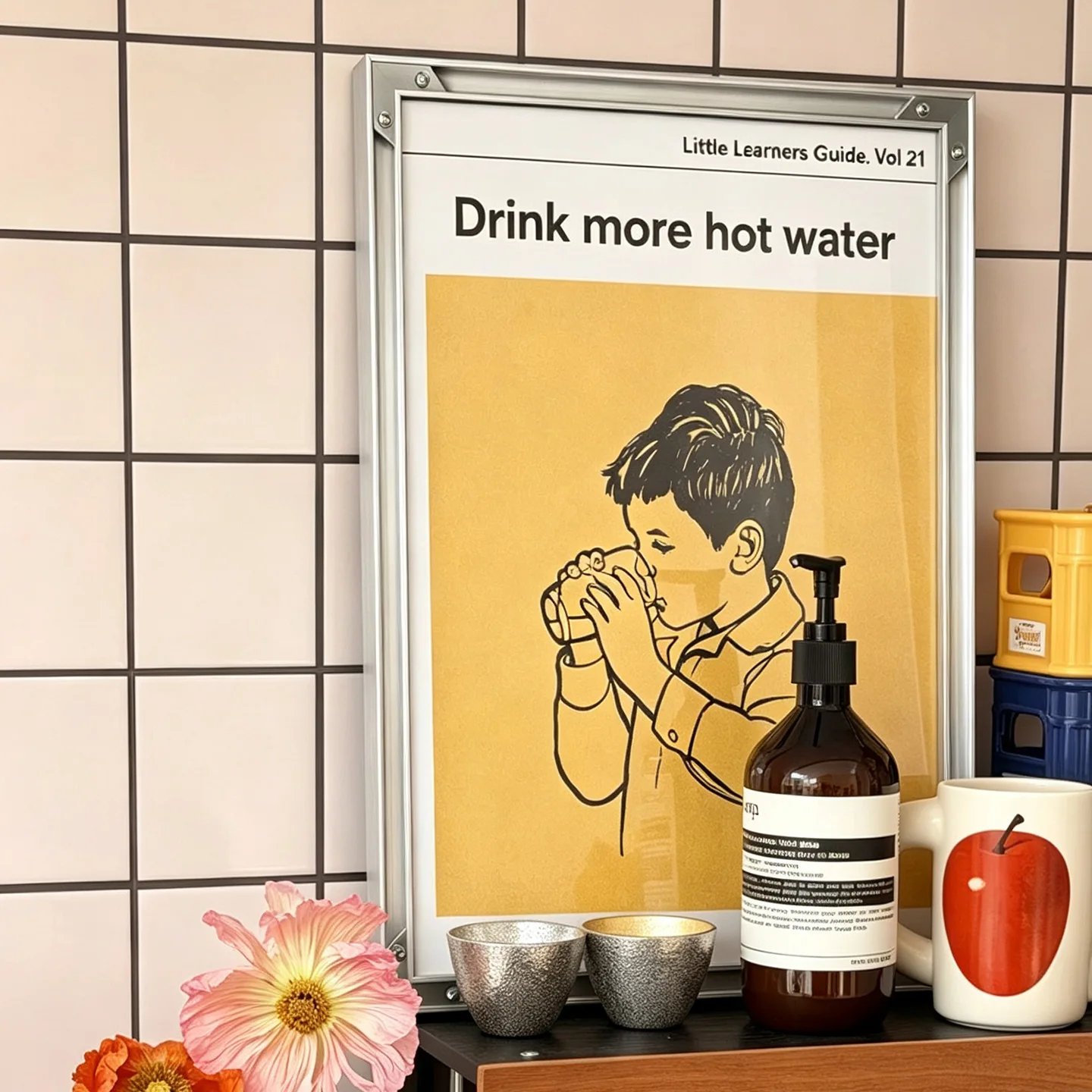 Drink More Hot Water Funny Quote Canvas Wall Art Retro Boy Drinking Print Vintage Book Style Poster Yellow Nordic Living Room Ki