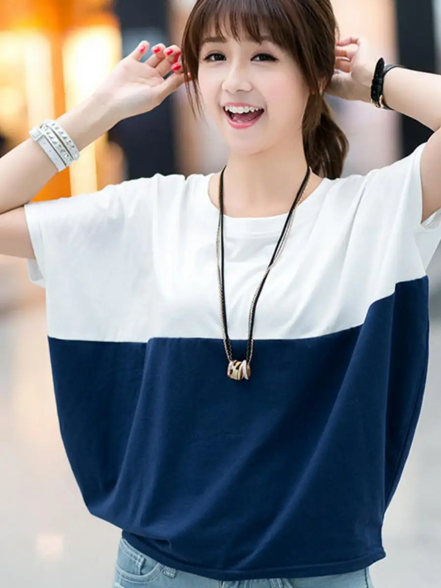 Loose Batwing Sleeve T-Shirt Women's Summer Korean Style plus Size Student Ladies Short Sleeve Printed round Neck Top Trendy
