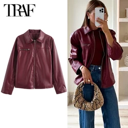 TRAF Faux Leather Jacket Odzież wierzchnia 2024 Damska kurtka jesienno-zimowa Winered Coat Ladies Fashoin Streetwear Płaszcz z długim rękawem