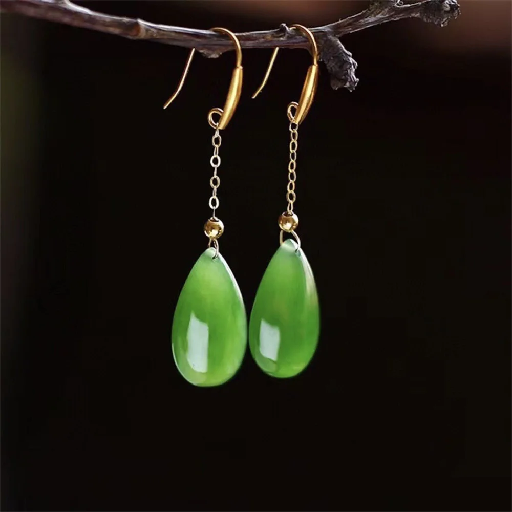 Chinese Style Elegant Jasper Earrings for Women Retro Temperament Inlaid Ice Bottom Jade Ear Hook