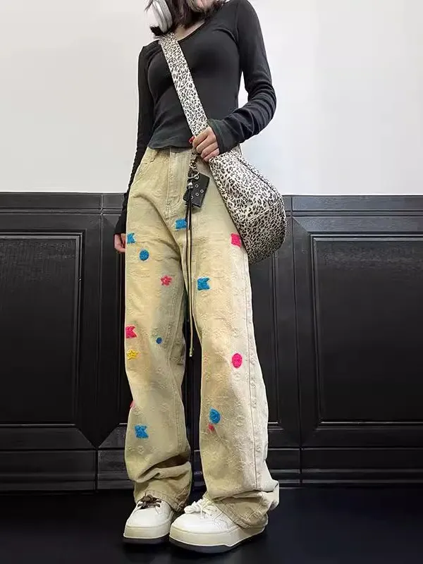 

American High Street Hip Hop Towel Embroidered Jeans Men Women Yellow Clay Dye Waed Straight Leg Wide Leg Pants