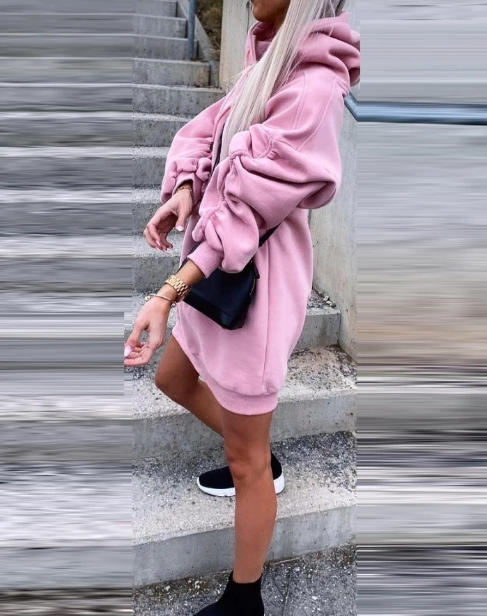 Women's Casual Ruched Long Sleeve Hooded Sweatshirt Dess Female Daily Clothing Autumn New Fashion Women Straight Mini Dresses