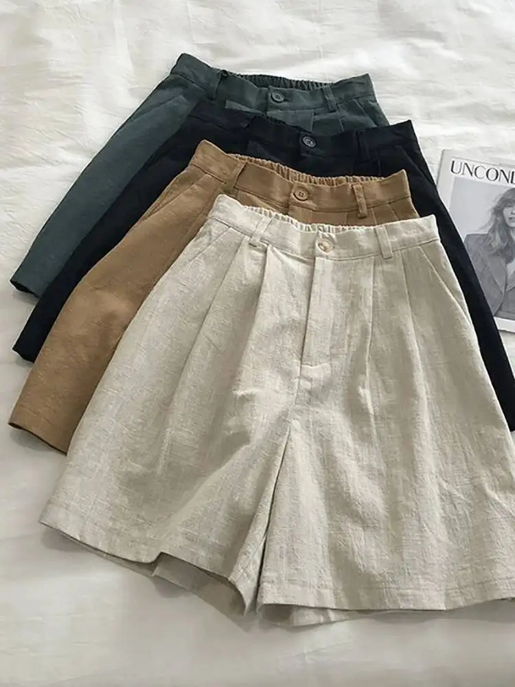

Line Cotton Shorts For Women 2024 New In Fashion Vintage High Waist Short Femme Clothing Solid Slim Pleated Pants