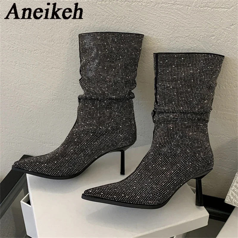 Aneikeh Autumn Sequined Cloth Mid-Calf Boots Women Shoes Pointed Toe Thin Heels Leisure Women Elegant Boots Polka Dot Slip-On