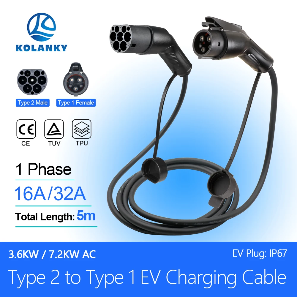 EV Charging Cable 5M16A/32A 3.6KW/7.2KW 1Phase EV Cord Type 2 Public Charging Station Female to Male Plug for Hybrid Vehicles