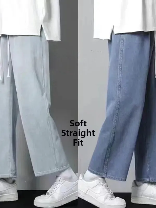 Loose Straight Leg Jeans Men's Fashion Retro Elastic Waist Wide Leg Nine Point Spring Autumn New Style Denim Jeans Casual Wear