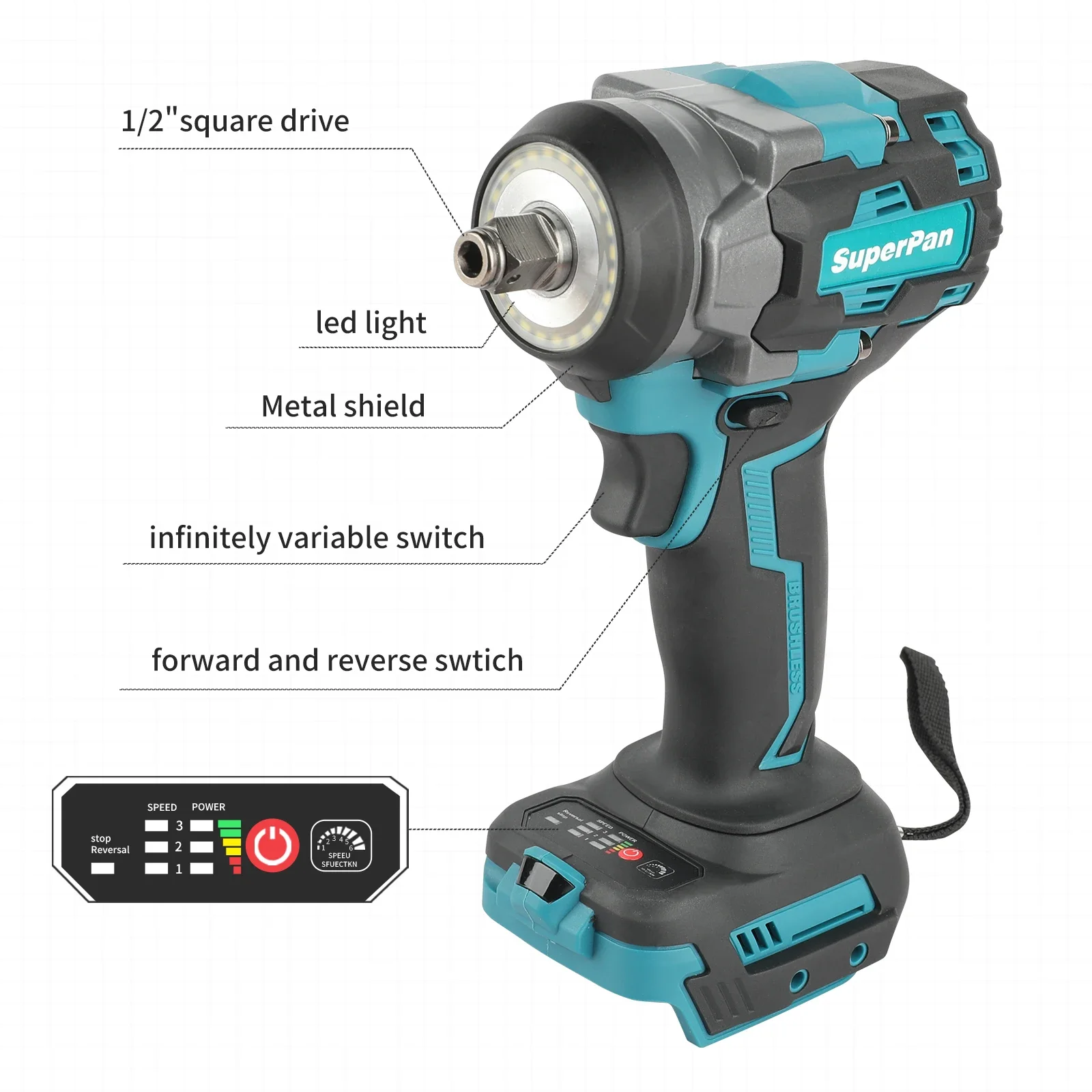 Portable SuperPan SP550NM Brushless Cordless Impact Wrench-Electric Power Tool (No Battery Included)for DeWalt 18V battery specs