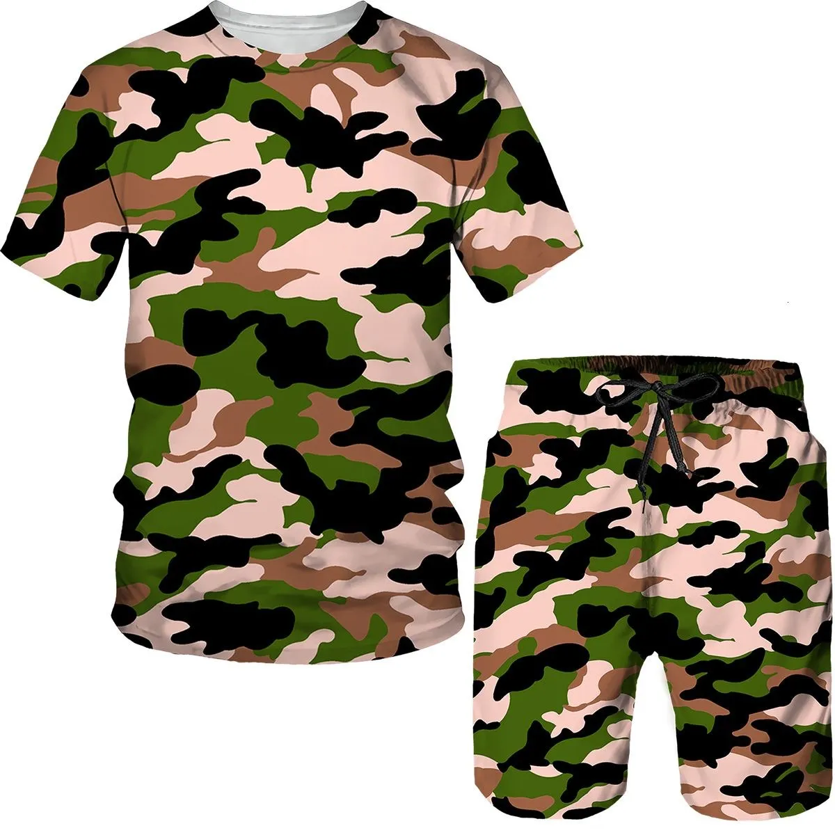 Camouflage sportswear 3D printing sportswear set Men\'s short sleeve T-shirt shorts 2-piece set sportswear casual Men sportswear