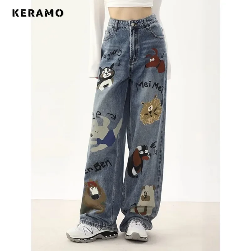 Vintage Casual High Waist High Street Style Straight Jeans Sweet Animals Print Pants Women\'s Wide Leg Baggy Y2K Denim Trouser