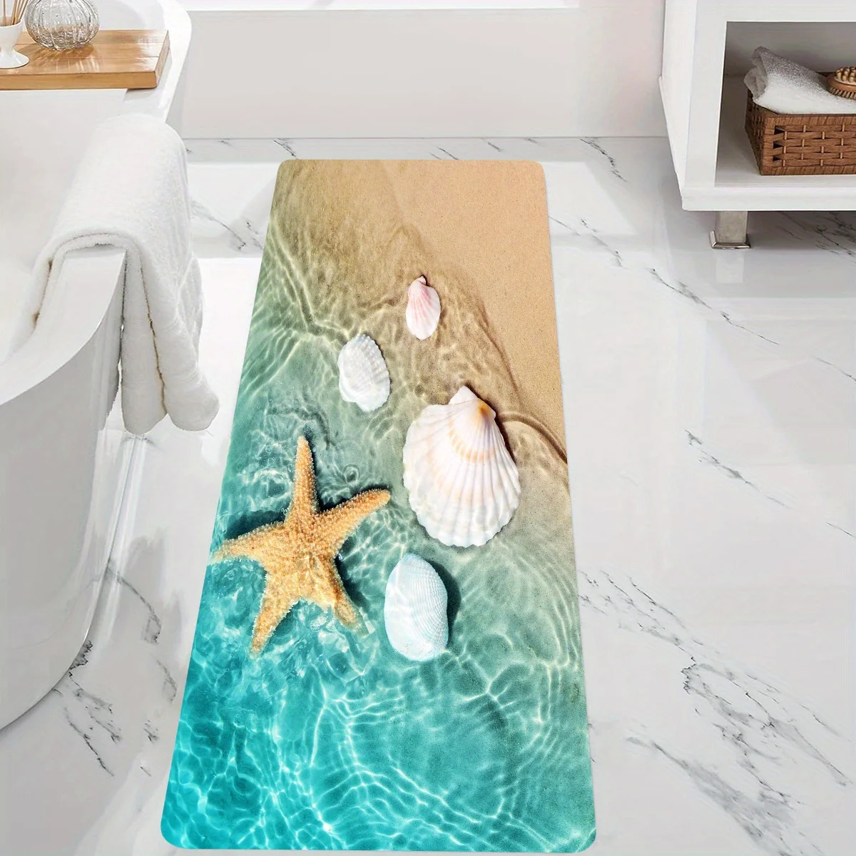 VIKAMA Long Coastal Bathroom Mat Clear Water Ripple Starfish Scallop Shell Beach Sand Print Non‑slip Absorbent Washable Bath Rug