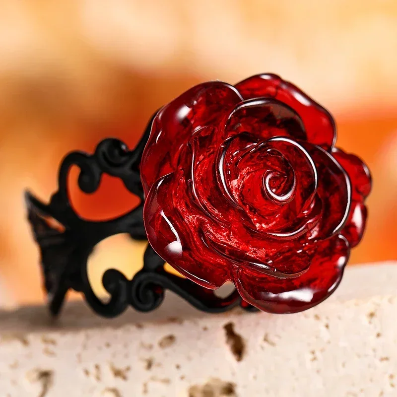 Punk Gothic Red Rose Ring Adjustable Hollow Rings for Women Witch Pagan Vintage Creative Halloween Cool Girl Gift Party Jewelry