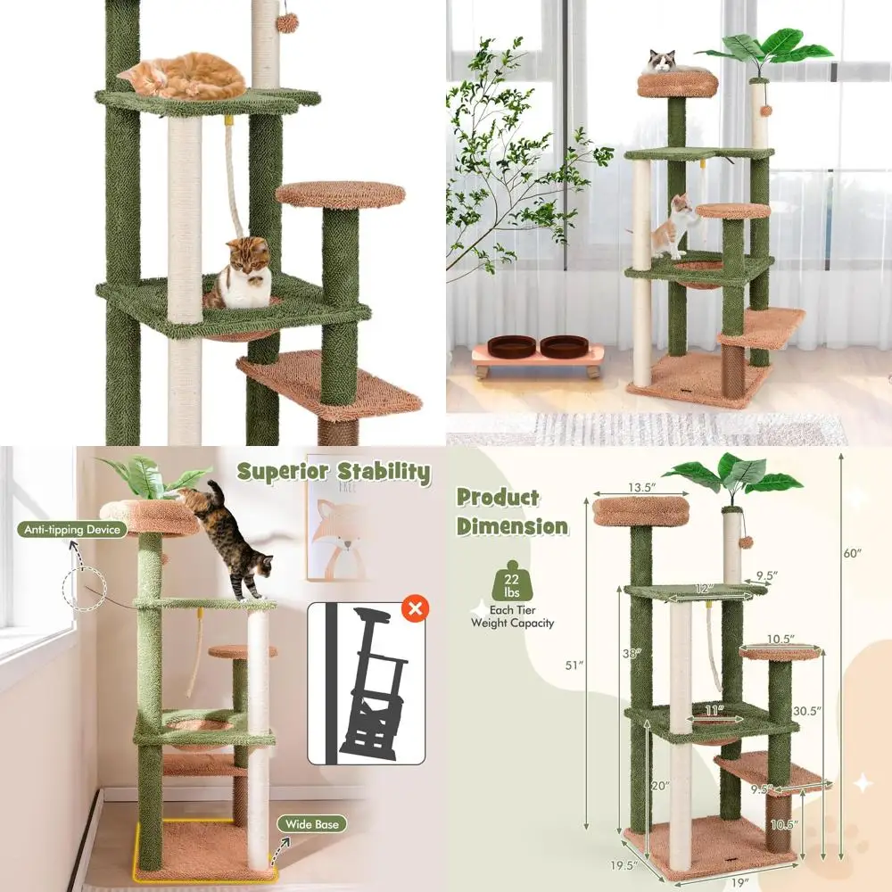 

60 Indoor Cat Tree with Sisal Posts, Rope, Balls, Self-Groomer, and Faux Plant