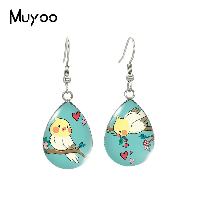 2023 New Cockatiel Tear drop Earring Yellow Bird Fish hook Earrings Glass Cabochon Jewelry Handmade Items