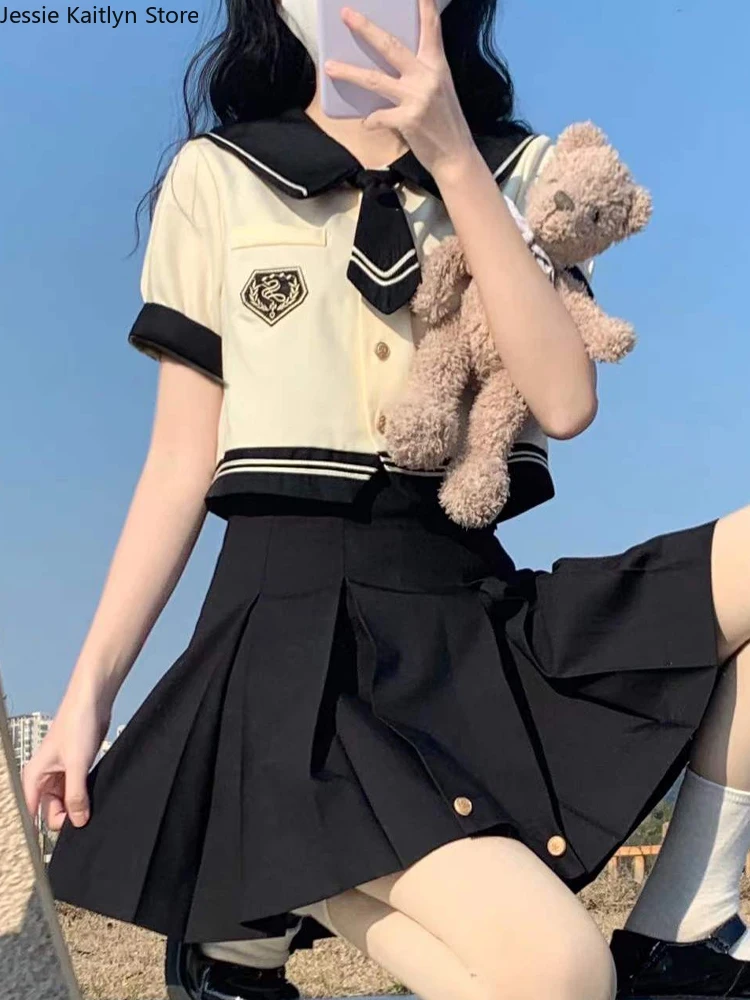 Japanese Kawaii School Uniform Women Autumn Korea Cute Girl Cosplay JK Uniform Long Sleeve Sailor Top and Mini Pleated Skirt Set