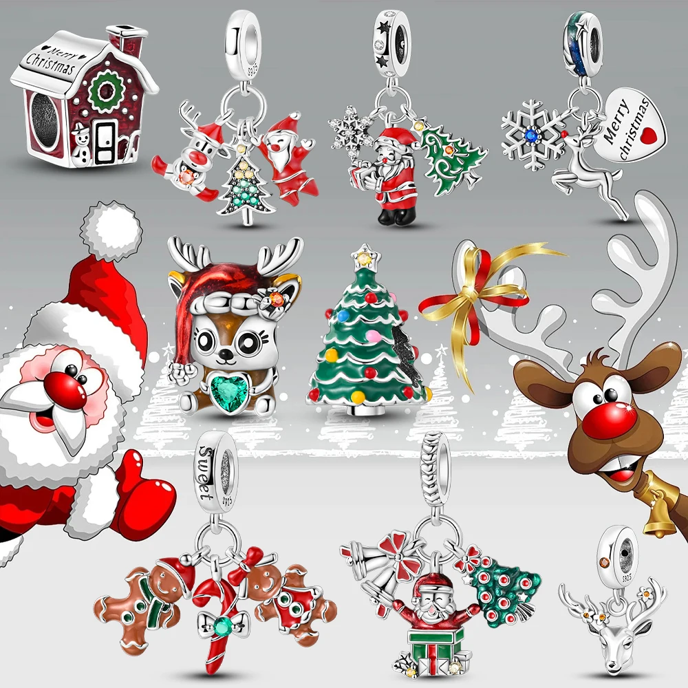 2024 925 Silver Charms Merry Christmas Snowman Santa Claus Beads Pendants Fit Original Bangle Bracelet Diy Family Jewelry Gift