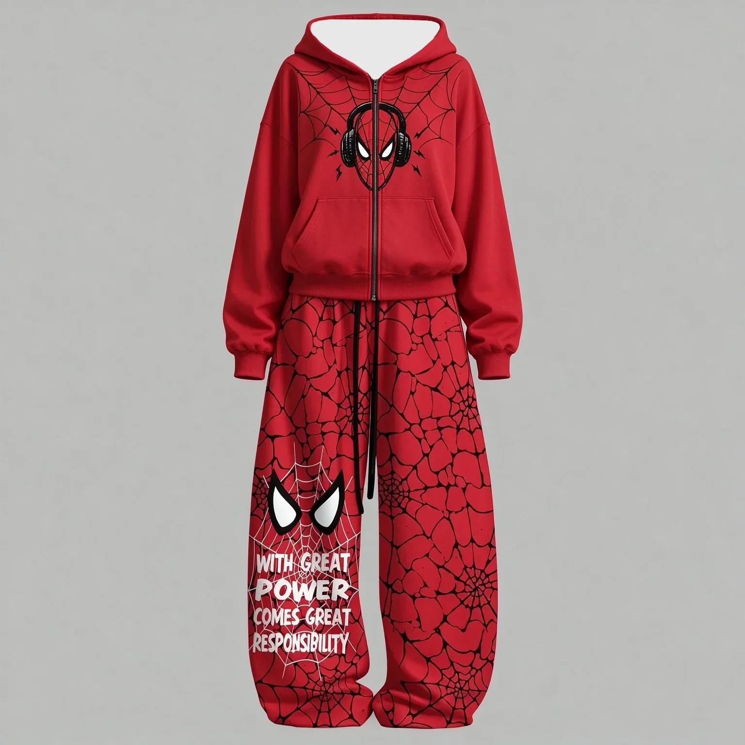 2026 New Autumn/Winter American Street Casual Wear Spider Web Zipper Hoodie and Wide Leg Pants 2-piece Set for Family and Kids