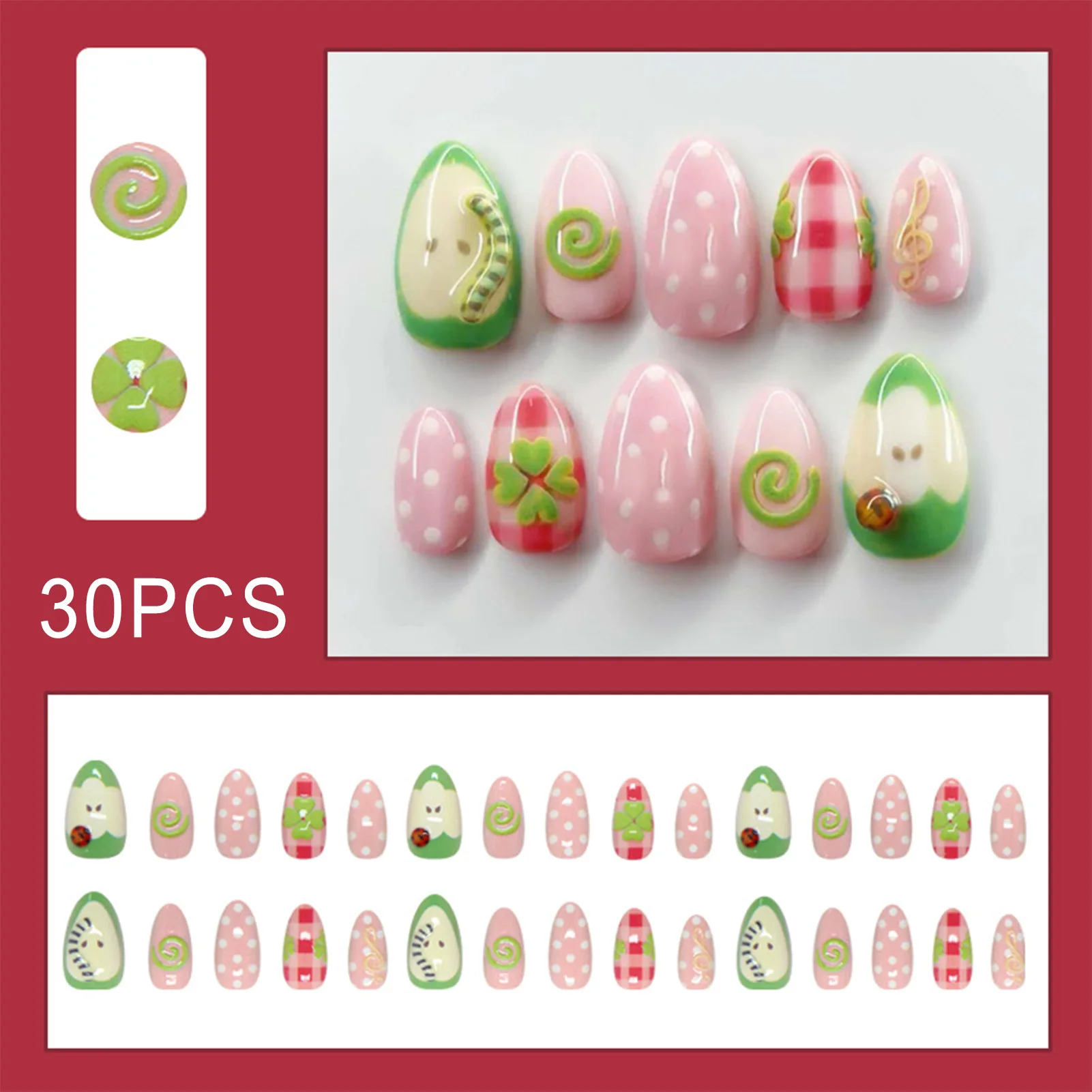 30 Stück Musikgarten-Serie Künstliche Nägel Niedliche Kleine Käfer Musiknoten Designs Rosa Grün Mandelförmige Aufklebenägel Gepunktete Kunstnägel – Detail 7