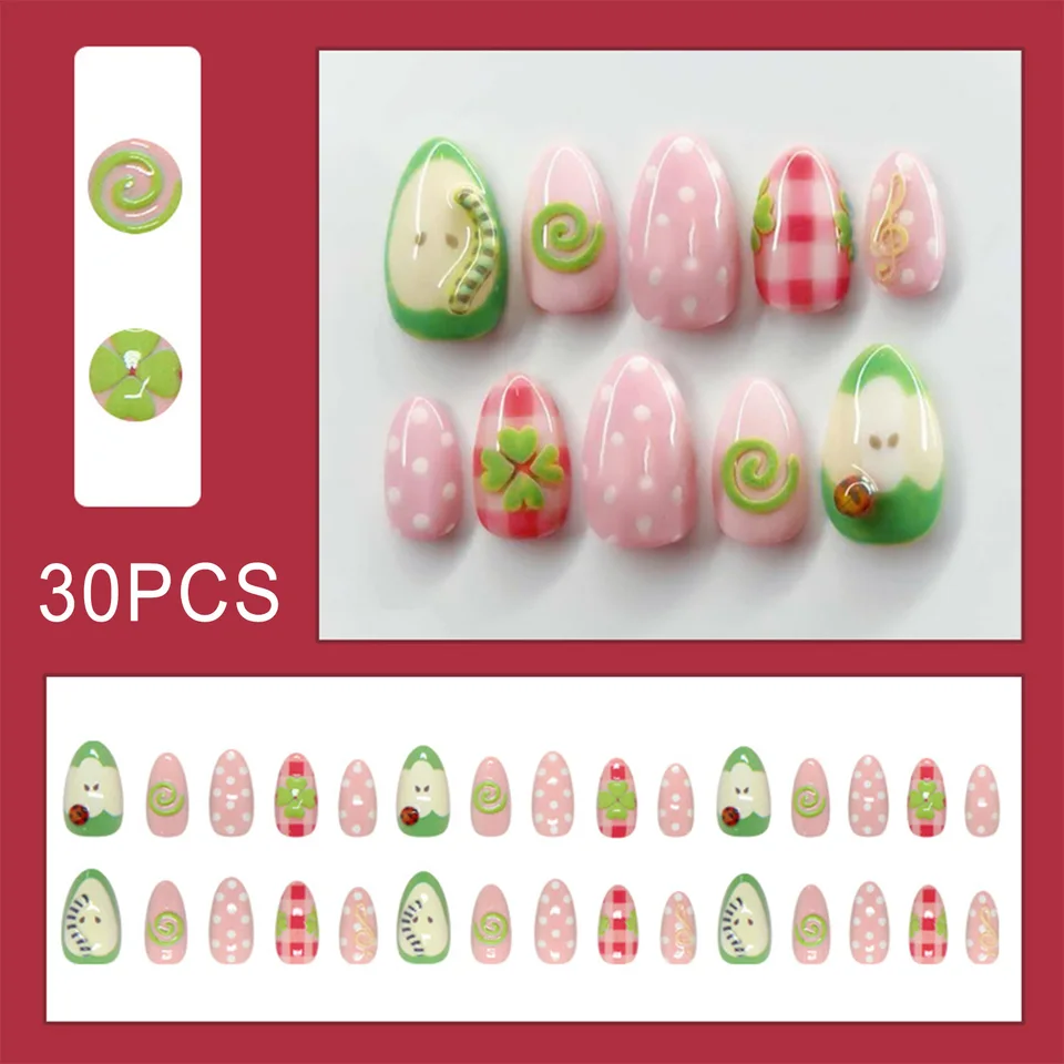 30 Uñas Postizas Serie Huerto Musical, Diseños de Bichitos y Notas, Almendra Rosas y Verdes 2