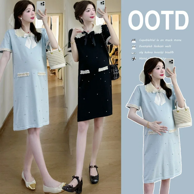 

Summer Maternity Dress: Chanel-Inspired-Icy Silk Knit Crystal-Embellished Bow & Peter Pan Collar Gown for Luxury Pregnancy Style