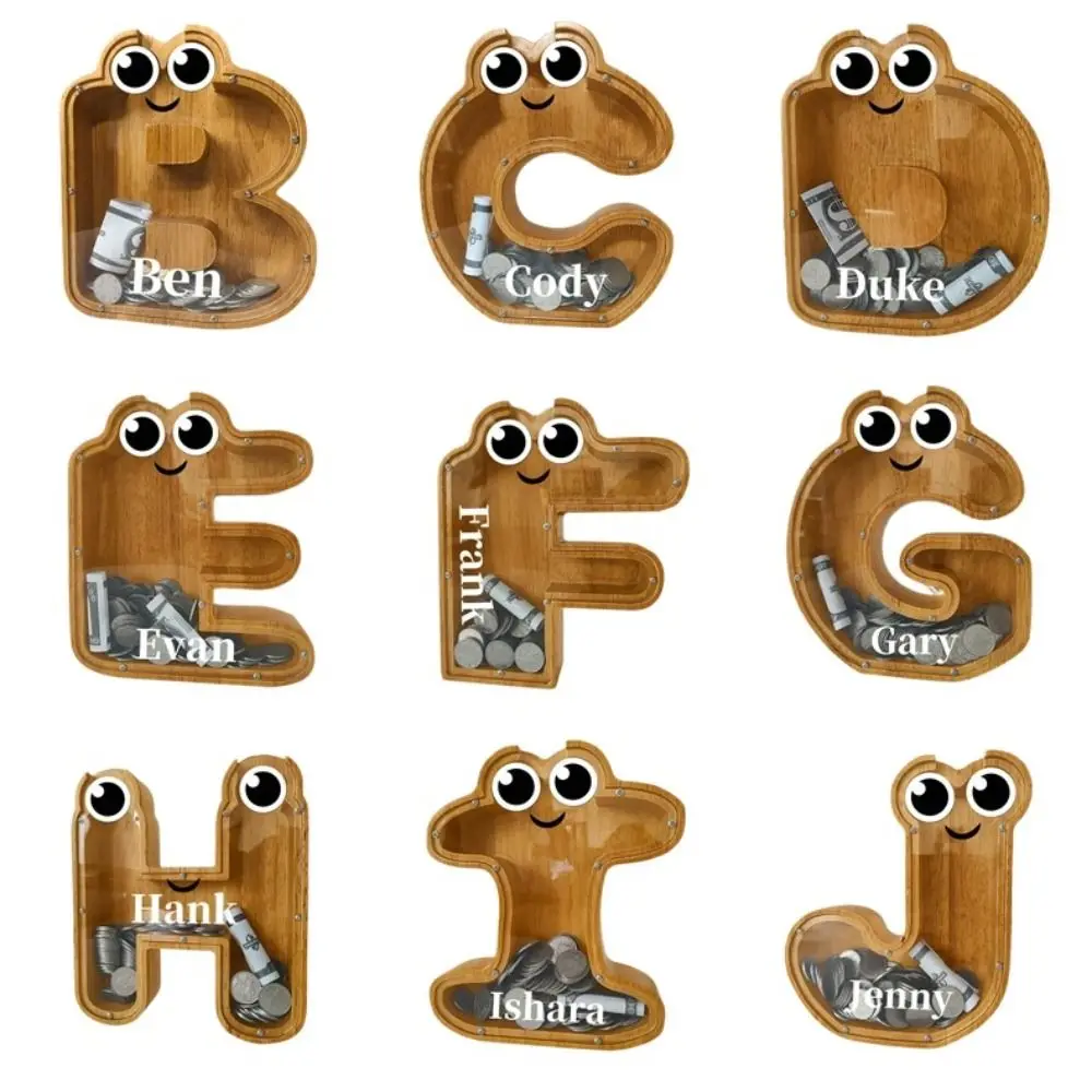 Large-capacity Wooden Alphabet Piggy Bank Cartoon Transparent Saving Pot Cute Eyes Creative Coin Bank