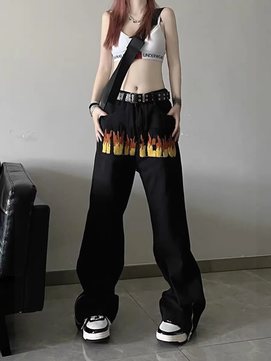 

Ретро-джинсы в американском стиле хип-хоп с вышивкой в виде пламени и букв, повседневные брюки унисекс, прямые джинсы с длинными штанинами
