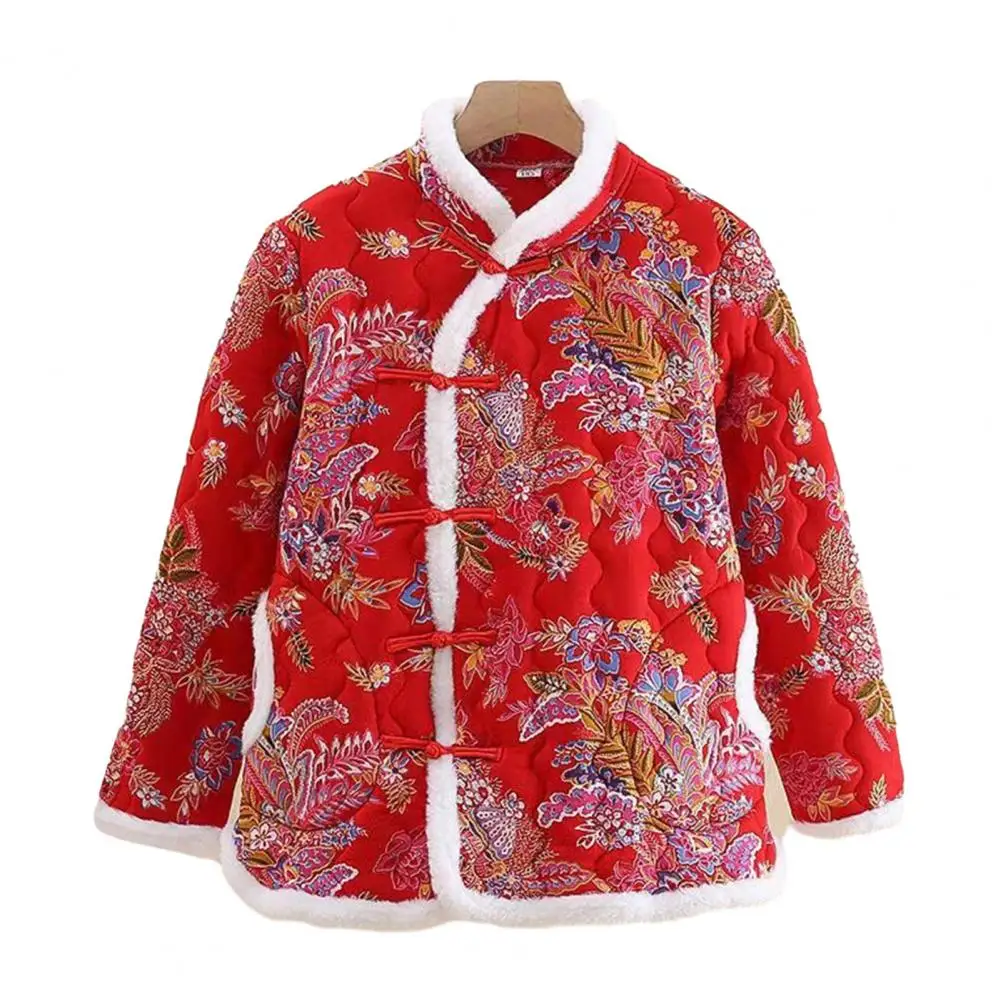 Dames katoenen jas herfst winter bloemenprint dikke warme fleece voering pluche V-hals knoop knoopzak gewatteerde jas